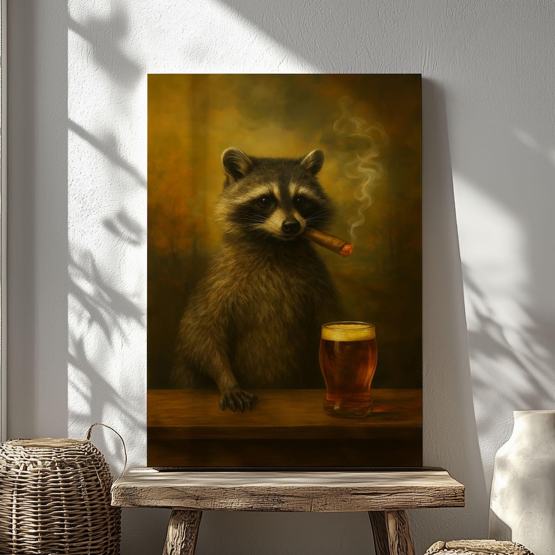 Raccoon Beer Smoking Wall Art Funny Beer Lover Canvas Decor, Funny ...