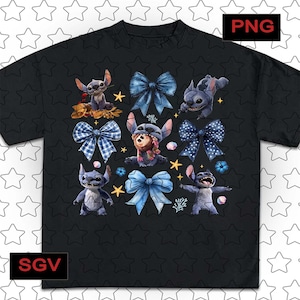 Cute Stitch PNG Bundle – Blue Bow Aesthetic Clipart – Kawaii Fanart Sublimation Design