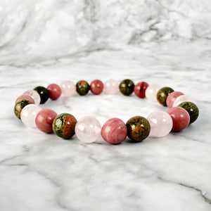 Fertility and Pregnancy Crystal Bracelet - Unakite, Rhodonite, Rose Quartz - 8mm Beads - Handmade Jewelry- New Mom Gift- Healing Crystals