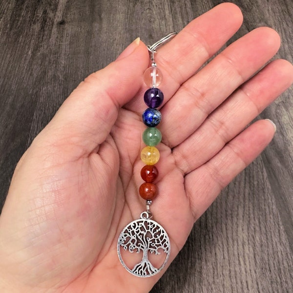 Chakra Crystal Bead Keychain, Colorful 7 Stones with Tree of Life Pendant, Unique Purse or Book Bag Charm, Handmade Wellness Gift Idea