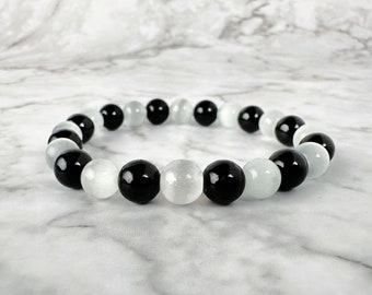 Selenite & Black Tourmaline Bead Bracelet: Handmade Healing Jewelry