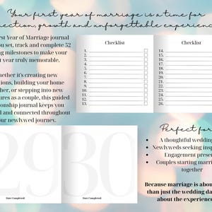 Puede incluir: Un diario blanco con una lista de verificaci&oacute;n y el texto "&iexcl;Tu primer a&ntilde;o de matrimonio es un momento para la conexi&oacute;n, el crecimiento y experiencias inolvidables!" El diario est&aacute; dise&ntilde;ado para rastrear 52 hitos para reci&eacute;n casados.