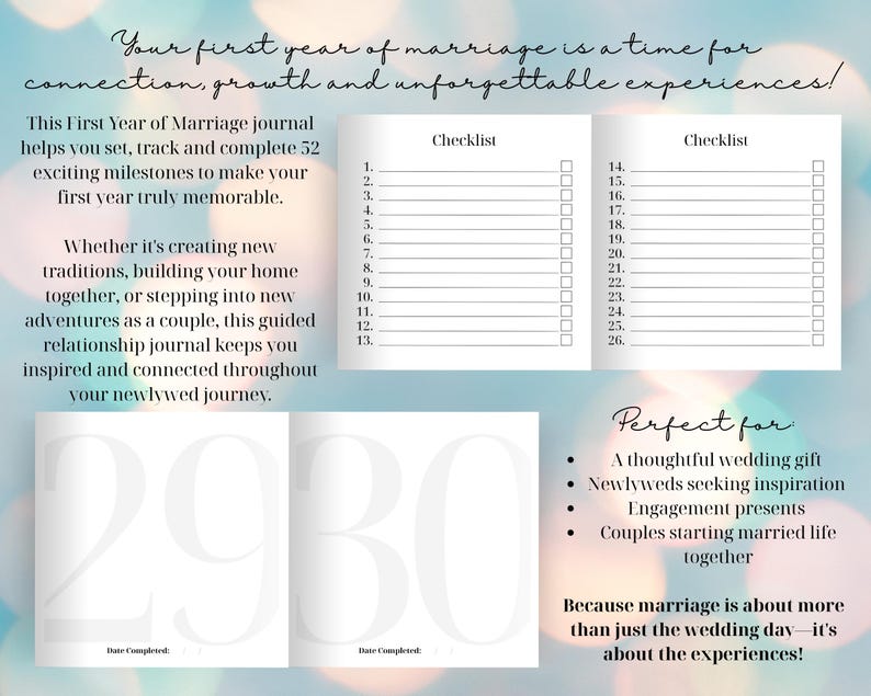 Puede incluir: Un diario blanco con una lista de verificaci&oacute;n y el texto "&iexcl;Tu primer a&ntilde;o de matrimonio es un momento para la conexi&oacute;n, el crecimiento y experiencias inolvidables!" El diario est&aacute; dise&ntilde;ado para rastrear 52 hitos para reci&eacute;n casados.