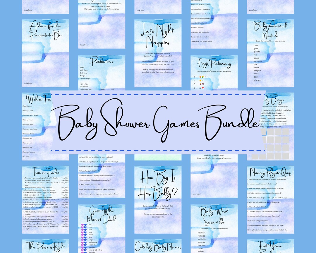 Blue Watercolour Baby Shower Games Bundle Blue Baby Shower Games ...