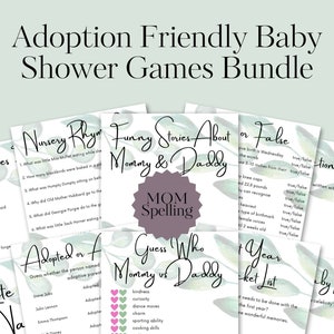Adoption-Friendly Baby Shower Games Bundle: Digital Download with Green and White Eucalyptus Design. Gender Neutral. Mom
