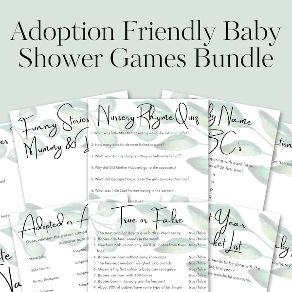 Adoption-Friendly Baby Shower Games Bundle: Digital Download with Green and White Eucalyptus Design. Gender Neutral. Mum