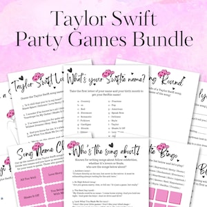 May include: A set of printable Taylor Swift party games. The games include "Guess the Taylor Swift Song Name", "What's Your Swiftie Name?", "Song Name Charades", "Who's the Song About?", "Lyrics", "Emoji", "Tie Bingo", and "BC's".