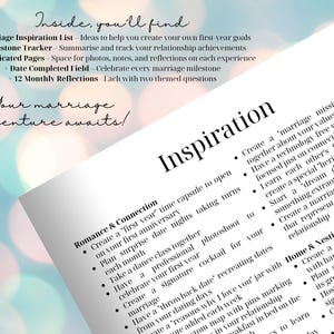 Puede incluir: Una p&aacute;gina blanca con la palabra "Inspiration" en letras grandes, con listas con vi&ntilde;etas de ideas para el romance, la conexi&oacute;n y el hogar. El texto incluye "Marriage Inspiration List" y "Milestone Tracker."