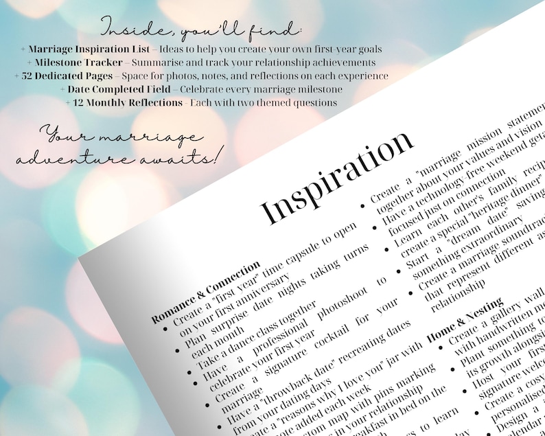 Puede incluir: Una p&aacute;gina blanca con la palabra "Inspiration" en letras grandes, con listas con vi&ntilde;etas de ideas para el romance, la conexi&oacute;n y el hogar. El texto incluye "Marriage Inspiration List" y "Milestone Tracker."