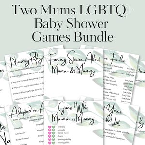 Pacote de jogos LGBTQ+ para chá de bebê de duas mães do mesmo sexo: download digital com design de eucalipto verde e branco. Gênero neutro. Casal de lésbicas.