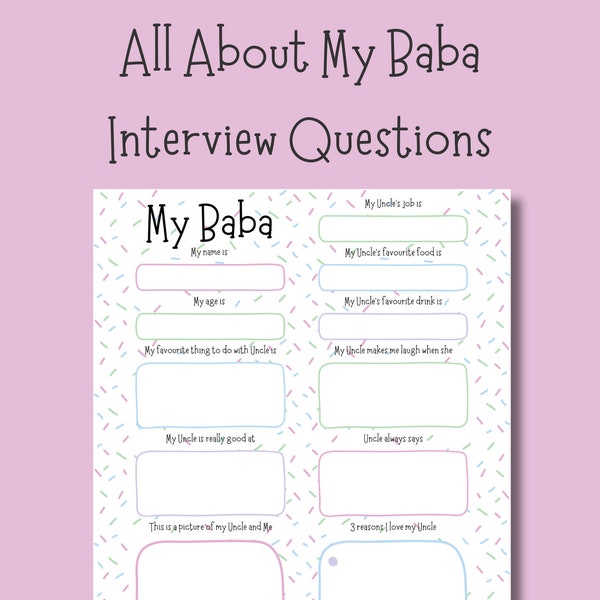 All About My Baba Questionnaire | Personalised Birthday Card Keepsake Gift | Baba Interview Digital Download PDF | Gift From The Kids