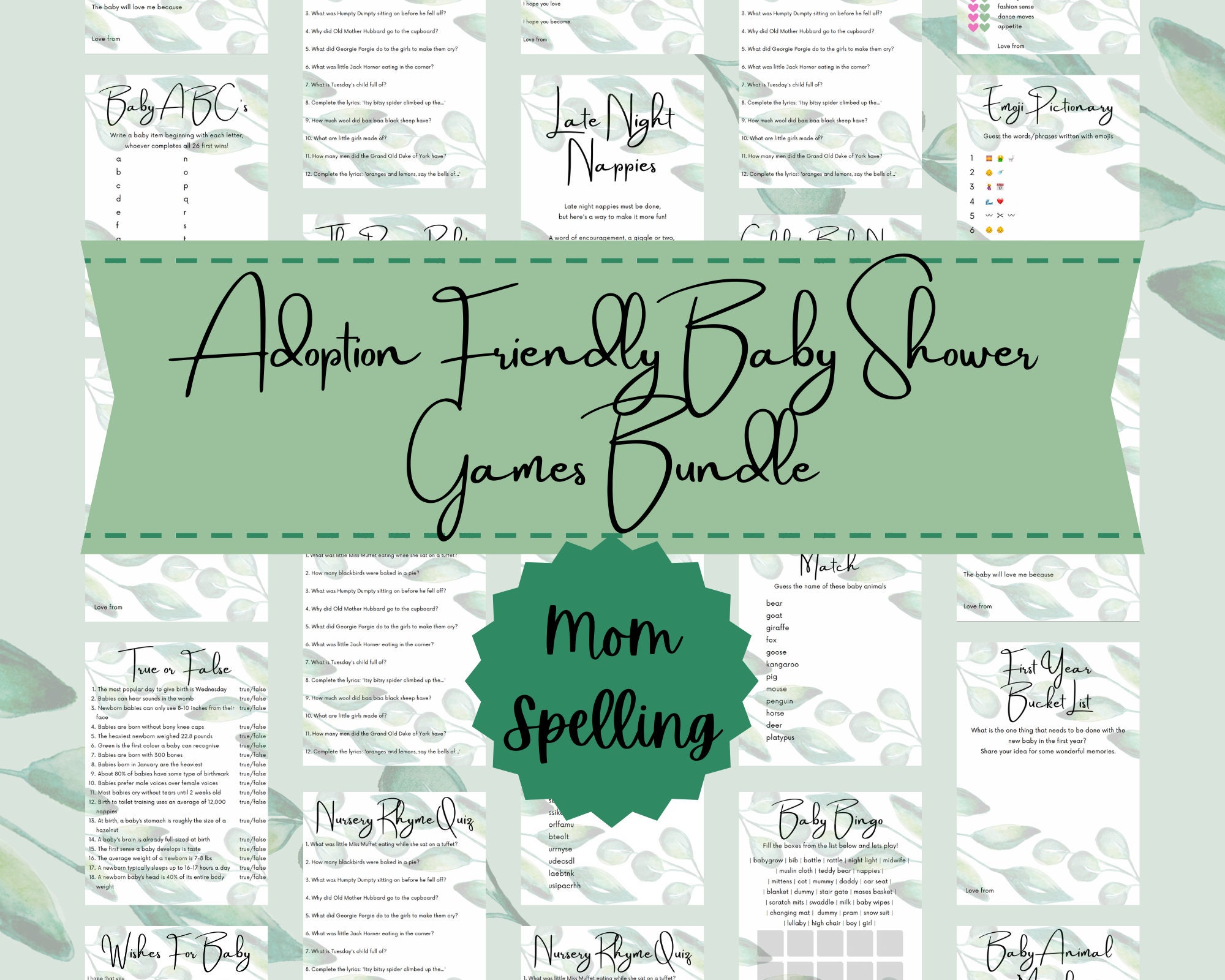 adoption-friendly-baby-shower-games-bundle-digital-download-with-green