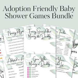 Adoption-Friendly Baby Shower Games Bundle: Digital Download with Green and White Eucalyptus Design. Gender Neutral. Mum/Mummy