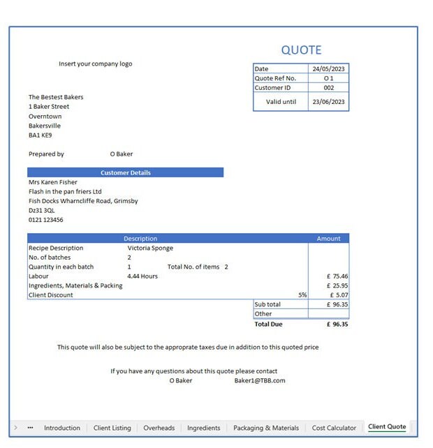 Recipe Cost Build up Workbook With Profit & Loss and Client Quote Etsy