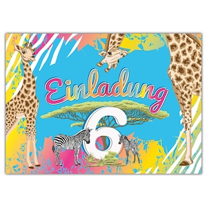 Einladungskarten zum 6. Kindergeburtstag Safari Zebra Giraffe Mädchen Mädels Karten Einladungen Pferd Sahara Motiv Geburtstagskarten Limonia