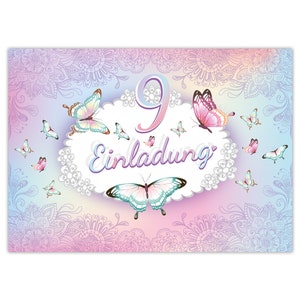 Einladungskarten zum 9. Kindergeburtstag Schmetterling Blume Mädchen Mädels Karten Einladungen Schmetterling Motiv für Geburtstag pastell Mandala