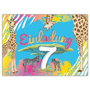 Einladungskarten zum 7. Kindergeburtstag Safari Zebra Giraffe Mädchen Mädels Karten Einladungen Pferd Sahara Motiv Geburtstag Limonia Cards