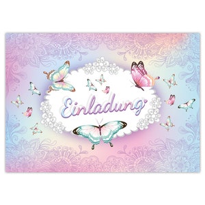 Einladungskarten zum Kindergeburtstag Schmetterling Blume Mädchen Mädels Karten Einladungen Schmetterling Motiv für Geburtstag pastell Mandala