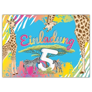 Einladungskarten zum 5. Kindergeburtstag Safari Zebra Giraffe Mädchen Mädels Karten Einladungen Pferd Sahara Motiv Geburtstag Mitgebselkarte