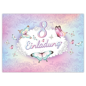 Einladungskarten zum 8. Kindergeburtstag Schmetterling Blume Mädchen Mädels Karten Einladungen Schmetterling Motiv für Geburtstag pastell Mandala