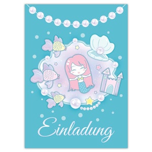 Einladungskarten Meerjungfrau zum Kindergeburtstag Nixe Mädchen Mädels Karten Einladungen Perlen Meerjungfrau Geburtstag Mitgebsel blau Mandala