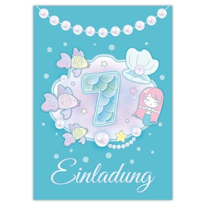 Einladungskarten Meerjungfrau zum 7. Kindergeburtstag Nixe Mädchen Mädels Karten Einladungen Perlen Meerjungfrau sechster Geburtstag Mitgebsel
