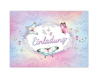 Einladungskarten zum Kindergeburtstag Schmetterling Blume Mädchen Mädels Karten Einladungen Schmetterling Motiv für Geburtstag pastell Mandala