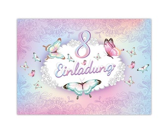 Einladungskarten zum 8. Kindergeburtstag Schmetterling Blume Mädchen Mädels Karten Einladungen Schmetterling Motiv für Geburtstag pastell Mandala