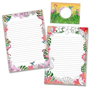 Briefpapier-Set Tropen Papagei Kolibri Pelikan Flamingo Umschläge Kindergeburtstag Mädchen Jungen Kinder Motiv schöne Kuvert Notizblock A4