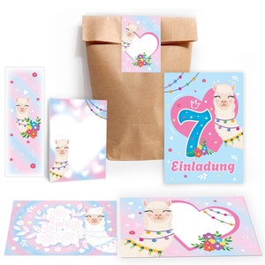 Einladungskarten zum 7. siebten Kindergeburtstag Lama Mädchen Pferd Karten Einladungen Alpaka Motiv Geburtstag Mitgebsel Gastgeschenke Blume