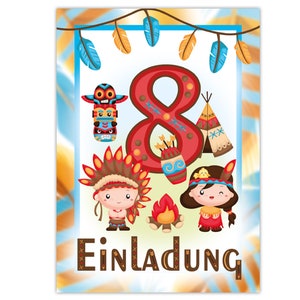 Einladungskarten Indianer zum Achten 8. Geburtstag Indianerdorf Karten Einladungen Mädchen Jungen Kindergeburtstag Abenteuer Hütte Federn
