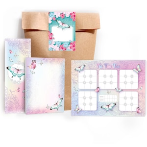 Mitgebsel-Set Tüten Tic Tac Toe Notizblöcke Lesezeichen kleine Gastgeschenke für Kindergeburtstag Schmetterlinge Blumen Teenager Mädchen