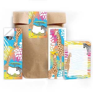 Mitgebsel-Set Tüten Aufkleber/Mini-Notizblöcke/Lesezeichen/kleine Gastgeschenk für Kindergeburtstag Pferd Safari Giraffe Zebra Mädchen Karte