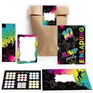 Einladungskarten Jump Party zum 10. Kindergeburtstag Trampolin Mädchen Jungen Einladungen zum Geburtstag Mitgebsel Gastgeschenke Tic Tac Toe