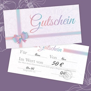 Gutschein Geschenkgutscheine Schleife Gutscheine zum Ausfüllen Geschenkkarte für Massage Wellness Kosmetik Nagelstudio Spa Beauty Pastell