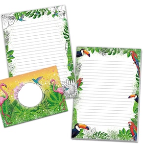 Briefpapier-Set Tropen Papagei Kolibri Pelikan Flamingo Umschläge Kindergeburtstag Mädchen Jungen Kinder Motiv schöne Kuvert Notizblock A5