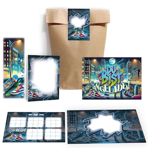 Einladungskarten Graffiti zum Kindergeburtstag Street Art Karten Einladungen Mitgebsel Set Gastgeschenke Tic Tac Toe Teenager Jugendliche