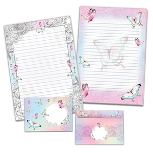 Briefpapier-Set Schmetterling Blume Umschläge Kindergeburtstag Mädchen Geschenk Rosa Lila Motiv schöne Kuvert Notizblock Mandala A4