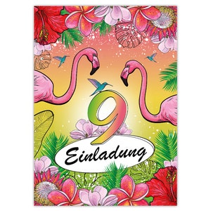 Einladungskarten zum 9. Kindergeburtstag Blumen Kolibri Papagei Mädchen Mädels Karten Einladungen Flamingo Motiv Geburtstag Strand Palmen