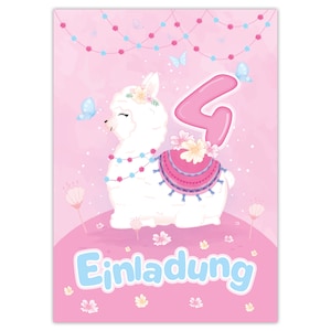 Einladungskarten Lama Pferd zum vierten 4. Kindergeburtstag Feen Mädchen Mädels Karten Einladungen Alpaka Geburtstag Mitgebsel Malen Blumen