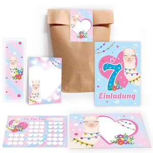 Einladungskarten zum 7. Kindergeburtstag Lama Mädchen Pferd Karte Einladungen Alpaka Motiv für Geburtstag Mitgebsel Gastgeschenk Tic Tac Toe