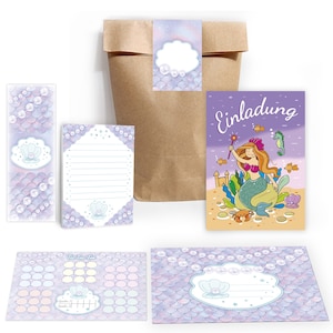 Einladungskarten Meerjungfrau zum Kindergeburtstag Nixe Mädchen Karten Einladungen Perlen Meerjungfrau zum Geburtstag Mitgebsel Gastgeschenk lila