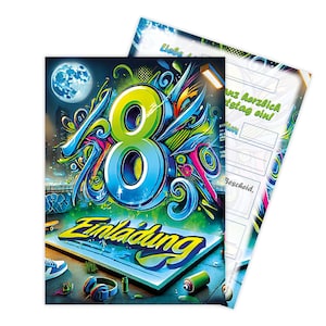 Einladungskarten Graffiti Party zum Achten 8. Geburtstag Street Art Karten für Teenager coole Einladungen Mädchen Jungen Kindergeburtstag