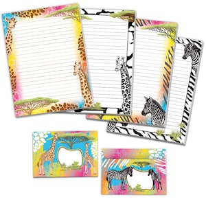 Briefpapier-Set Safari Giraffe Zebra Umschläge Kindergeburtstag Mädchen Jungen Kinder Motiv schöne Kuvert Notizblock A4 tropisch Pferd