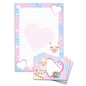 Briefpapier-Set A4 Lama Pferd Umschläge Kindergeburtstag Mädchen Geschenk Alpaka Motiv Notizblock 25 Blätter Block Papier Blumen Prinzessin