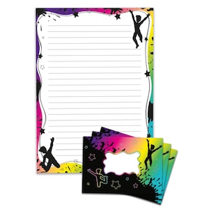Briefpapier-Set A4 Jump Party Umschläge Kindergeburtstag Jungen Geschenk Notizblock 25 Blätter Block Vintage Freizeitpark Trampolin bunt