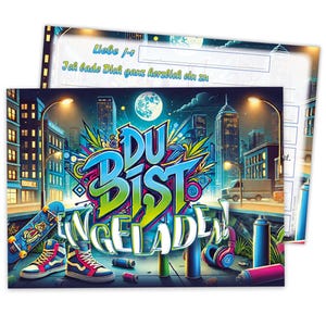 Einladungskarten Graffiti Party zum Geburtstag Street Art Karten für Teenager coole Einladungen Mädchen Jungen Kindergeburtstag moderne Nacht