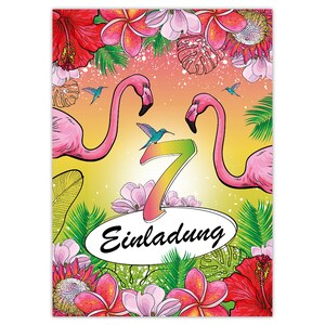 Einladungskarten zum 7. Kindergeburtstag Blumen Kolibri Papagei Mädchen Mädels Karten Einladungen Flamingo Motiv Geburtstag Strand Palmen
