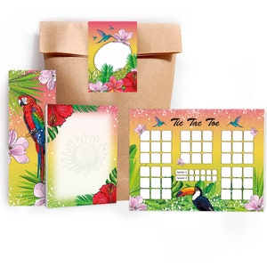 Mitgebsel-Set Tüten Tic Tac Toe Notizblöcke Lesezeichen Gastgeschenke für Kindergeburtstag Tropen Papagei Flamingo Pelikan Mädchen Kolibri