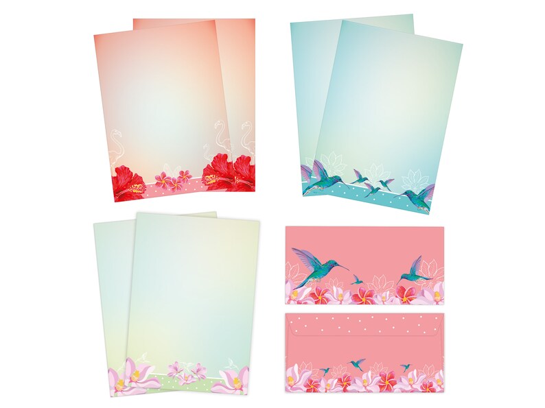 Briefpapier-Set A4 Briefbögen mit Umschlag Tropen Blumen Geschenk Druckerpapier Kolibri Einladungen Briefpost Urkunde Hochzeit Frühling bunt Bild 3